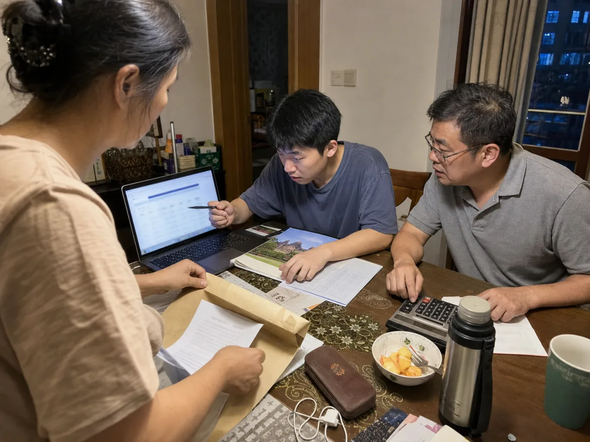 留学生家庭在电脑前共同核对学校账单和付款材料